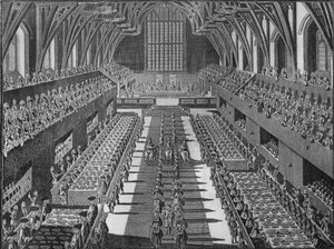 The interior of Westminster Hall at the coronation banquet of King George II, 1727 1911dani af S Moore