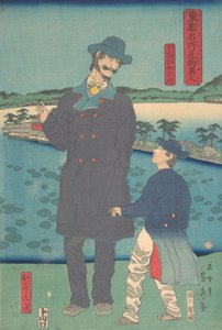 Hollænder og barn ser på Benten-helligdommen ved Shinobazu-dammen, 7. måned, 1861 af Sadahide Utagawa