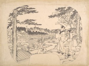 To kvinder, der beundrer seværdighederne fra et udsigtspunkt... Zenpukuji-templet, 1800-tallet. af Sadahide Utagawa
