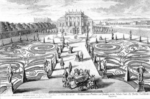 Udsigt over en have og et hus i Josefstadt, Wien, indgraveret af Johann August Corvinus (1683-1738) (stik)