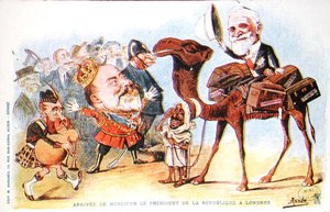 Karikatur af den franske republiks præsident Emile Loubets (1838-1929) ankomst til London i 1903 (farve litho) af Salomon Assus