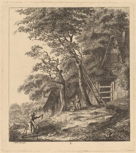 En fisker og to børn i et landskab med stråtækte hytter, 1764. af Salomon Gessner