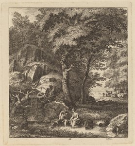 En hyrde og en ung kvinde med deres fødder i en bæk, 1764.