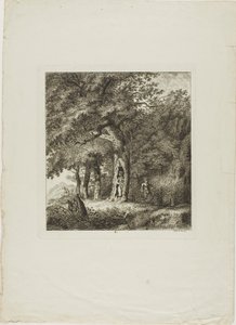Nymfe, der gemmer sig i et træ, plade otte fra Paysages Dédiés à M. Warelet af Salomon Gessner