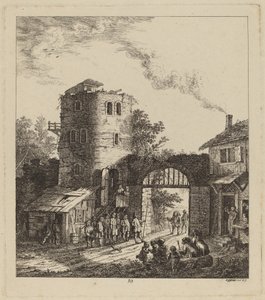 Landsbyboere ved en byport, der hilser en dignitær, 1764. af Salomon Gessner