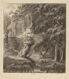 Skovklædt landskab med et pollardet træ, 1764.