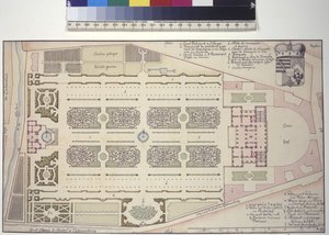 Hele siden: Liechtensteins haveslot - grundplan (tegning med pen og blæk) af Salomon Kleiner
