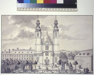 Helside: forside af Servitekirken i forstaden Rossau (tuschtegning) af Salomon Kleiner