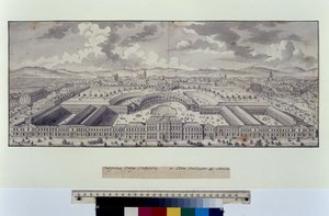 Helside: stort fugleperspektiv af de kejserlige stalde mod forstæderne (pen, pensel og blæk) af Salomon Kleiner