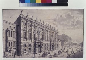 Helside: skråt billede af prins Eugen af Savoyens bypalads i Himmelpfortgasse (pen, pensel og blæk) af Salomon Kleiner
