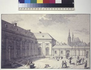 Helside: Udsigt til den indre gård foran Orangeriet (tuschtegning) af Salomon Kleiner