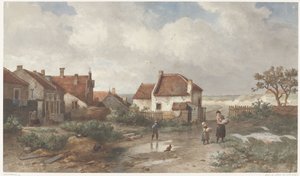 Huse i udkanten af en landsby i klitterne af Salomon Leonardus Verveer