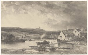 Flodlandskab med nogle huse og en vandmølle af Salomon Leonardus Verveer