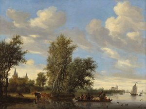 Flodlandskab med færge, 1649. af Salomon Ruysdael