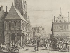 Bydommere tager afsked med Marie de Medici før rådhuset, fra Caspar Barlaeus..., 1638. af Salomon Savery