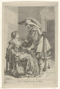 Mand tilbyder en kvinde en mønt Dats de Bruydt daermen om danst (titel på objekt) af Salomon Savery