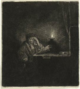 Student ved et bord ved levende lys af Salomon Savery