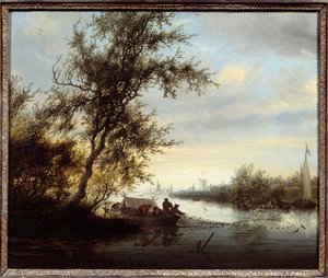 Søstre i et bådmaleri af Solomon Van Ruisdael (Ruysdael) (1600-1670) (Ec.Flam.) Compiegne fra det 17. århundrede, Castle Museum af Salomon van Ruisdael or Ruysdael