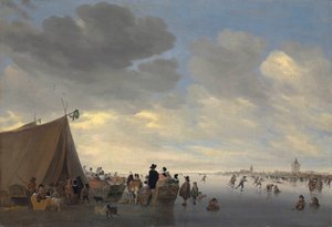 Skatere på den frosne flod Lek, byen Vianen hinsides, 1653
