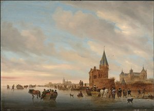 Vinterlandskab med isfornøjelser foran en Capriccio fra byen Arnheim, 1652 af Salomon van Ruisdael or Ruysdael