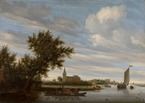 Flodudsigt med kirke og færge af Salomon van Ruysdael