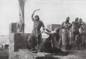 Alonso de Guzman kaster sin dolk til Don Juan (litografi) af Salvador (after) Martinez Cubells