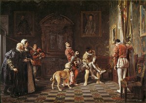 "" Retur af turneringen "" En ung ridder gør ondt bringes tilbage til paladset, understøttet af to sider. Maleri af Salvador Martinez Cubells (1845-1914) 1881 Valencia. Museum for Bellas Artes San Pio