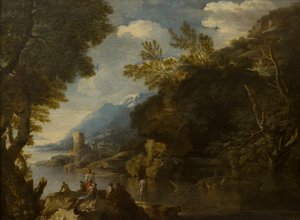 Landskab med figurer og både, ca. 1635-73 (olie på lærred) af Salvator (follower of) Rosa
