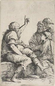 En skægget gammel mand, der sad på en klippe og gjorde en hortatorisk gestus mod tre mænd over for ham, fra Figurine-serien af Salvator Rosa