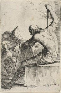 En kriger, der sidder på en forgrundsblok, holder et skjold og en stav og vender sig mod to krigere bag sig, fra Figurine-serien af Salvator Rosa