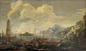 Havn med Fyr og Skibe af Salvator Rosa