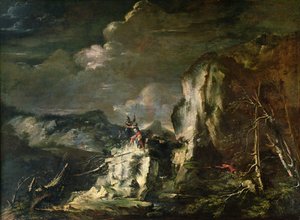 Klippelandskab med en jæger og krigere af Salvator Rosa