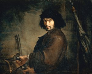 Selvportræt klædt som kriger, af Salvator Rosa (1615-1673), olie på lærred, 94x107 cm af Salvator Rosa