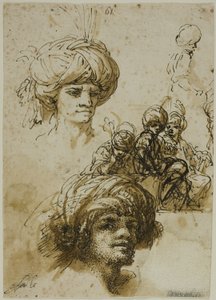 Skitser af turbanklædte mænd (recto); fragment af en figur og skitser af folieret arkitektonisk ornament (verso) af Salvator Rosa