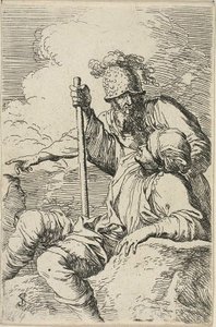 Tre krigere, den ene siddende på en klippe i forgrunden med en stav; den anden står bag ham og peger, den tredje set som et ansigt bag dem, fra Figurine-serien af Salvator Rosa