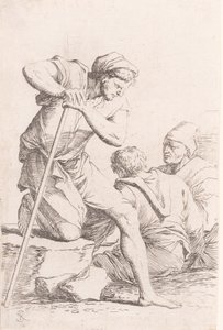 To mænd sidder og en anden mand holder en stav knælende på en sten, fra serien..., ca. 1656-1657. af Salvator Rosa