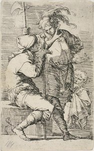 To krigere, den ene med et sværd, den anden en hellebard; en gammel skægget mand bag dem, fra Figurine af Salvator Rosa