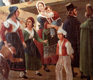 Traditionelle napolitanske kostumer: almindelige mennesker Detalje af et maleri af Salvatore Fergola (1799-1877) 1859 National Museum of San Martino Napoli
