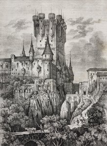 Alcazar af Segovia, Spanien, litografi af Salvatore Puglia fra Poliorama Pittoresco, n 36, 12. april af Salvatore Puglia