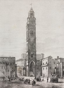 Klokketårn i Gaeta-katedralen, Lazio, Italien, litografi af Salvatore Puglia efter tegning af Pasquale Mattei (1813-1879), fra Poliorama Pittoresco, n 48, 6. juli af Salvatore Puglia