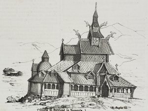 Borgund Stavkirke, Norge, litografi af Salvatore Puglia fra Poliorama Pittoresco, n 40, 14. maj