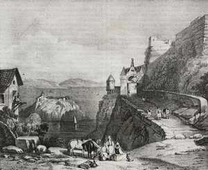 Slottet i Parga, Albanien, litografi af Salvatore Puglia fra Poliorama Pittoresco, n. 9, 9. oktober