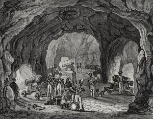 Grotte nær Gibraltarklippen, Spanien, litografi af Salvatore Puglia fra Poliorama Pittoresco, nr. 20, 24. december af Salvatore Puglia