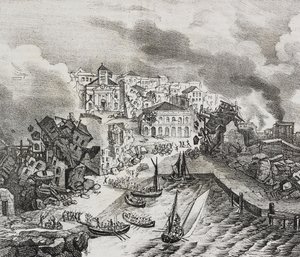Ødelæggelse af Pointe--Pitre under jordskælv den 8. februar af Salvatore Puglia