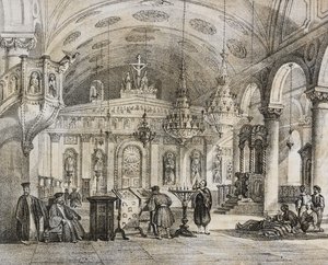 Interiør af den græske kirke Baloukli, nær Konstantinopel, Tyrkiet, litografi af Salvatore Puglia fra Poliorama Pittoresco, nr. 28, 15. februar af Salvatore Puglia