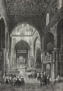 Interiør af Palatine Chapel i Palazzo dei Normanni eller Royal Palace i Palermo, Sicilien, Italien, litografi af Salvatore Puglia fra Poliorama Pittoresco, n 41, 21. maj af Salvatore Puglia