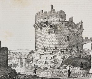 Mausoleet af Cecilia Metella på Via Appia, Rom, Lazio, Italien, litografi af Salvatore Puglia fra Poliorama Pittoresco, n 20, 21 december af Salvatore Puglia