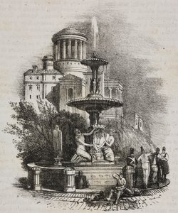 Prado-fontænen, Madrid, Spanien, litografi af Salvatore Puglia fra Poliorama Pittoresco, n 39, 4. maj af Salvatore Puglia