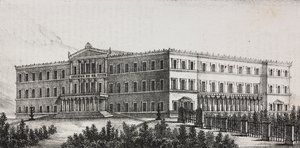 Royal Palace i Athen, Grækenland, litografi af Salvatore Puglia fra Poliorama Pittoresco, n 5, 9. september af Salvatore Puglia