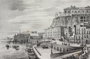 Udsigt over Borgo Santa Lucia, Napoli, Campania, Italien, litografi af Salvatore Puglia fra Poliorama Pittoresco, n 36, 15. april af Salvatore Puglia